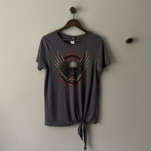 HARLEY DAVIDSON BRANFORD, CT TIE-HEM SHORT SLEEVE SKULL GRAPHIC TEE SIZE LARGE